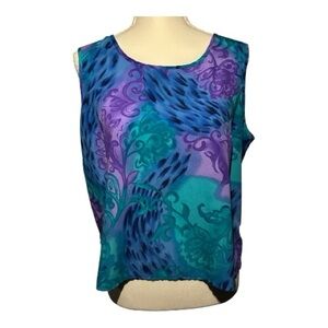 Vintage Modern Essential Blue/Purple/Green Abstract Floral Sleeveless Shell Top